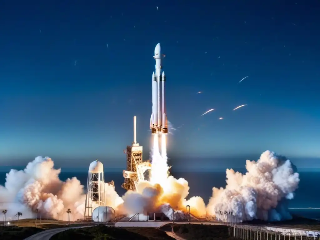 Impresionante lanzamiento de cohete SpaceX Falcon Heavy iluminando la noche