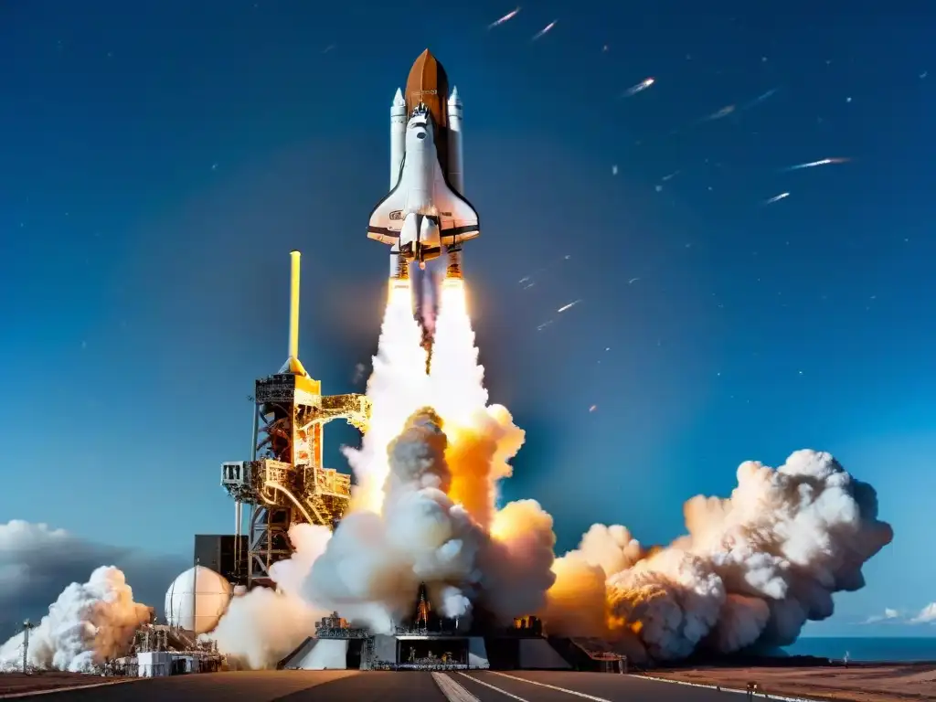 Nave espacial futurista despega hacia el cosmos estrellado Un impresionante viaje espacial en un transbordador futurista, partiendo hacia lo desconocido entre estrellas, con la Tierra de fondo