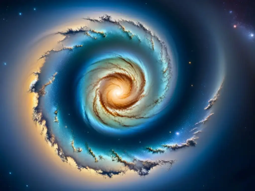 Increíble representación artística de una galaxia espiral con zonas habitables para vida, planetas y ecosistemas