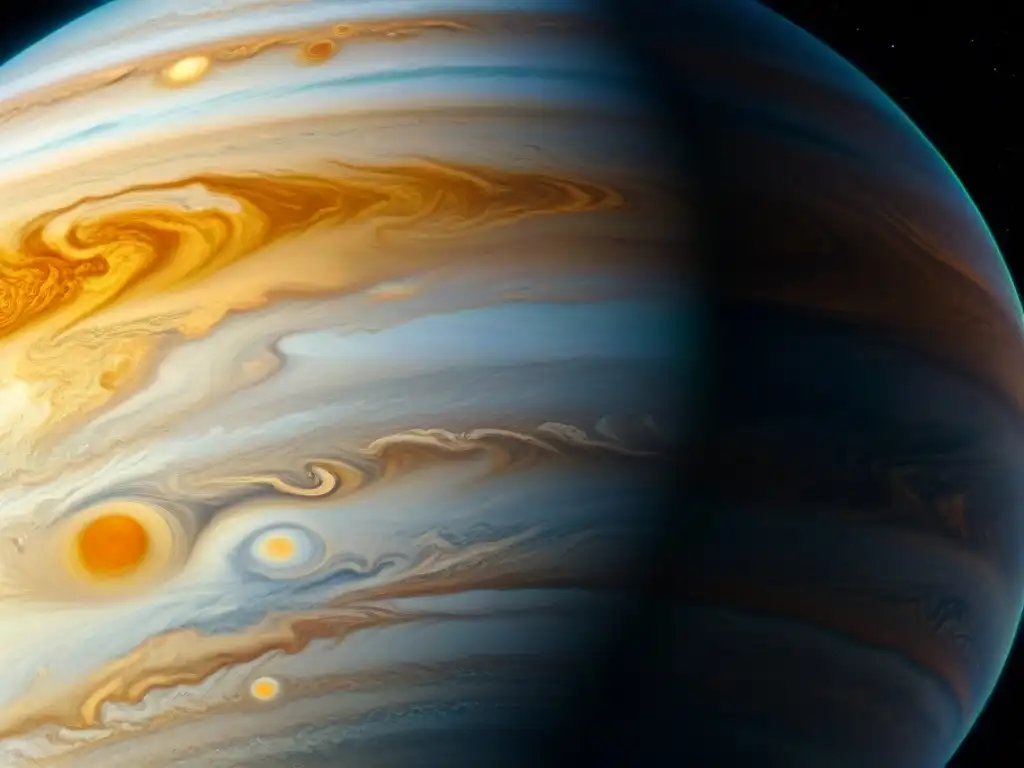 Increíble observación de Júpiter desde cerca, mostrando sus bandas coloridas y tormentas masivas con detalle majestuoso