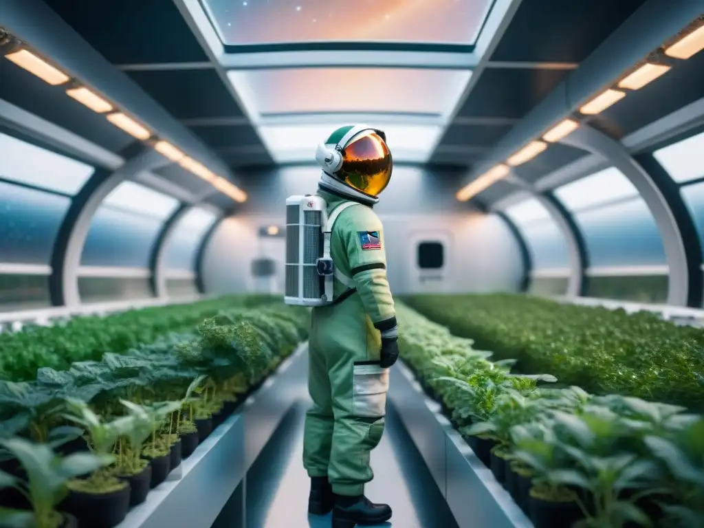 Increíble jardín espacial futurista con astronautas cultivando plantas bajo luz artificial, creando alimentos en otros planetas