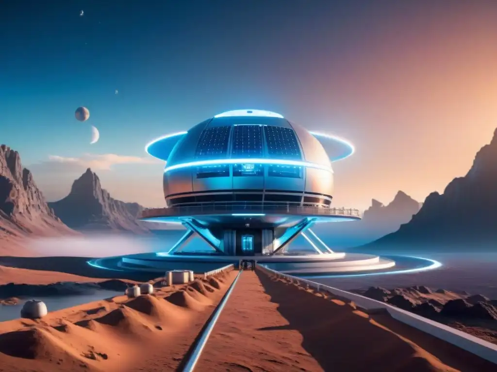 Increíble estación espacial futurista con tecnologías de almacenamiento de energía en un planeta azul brillante