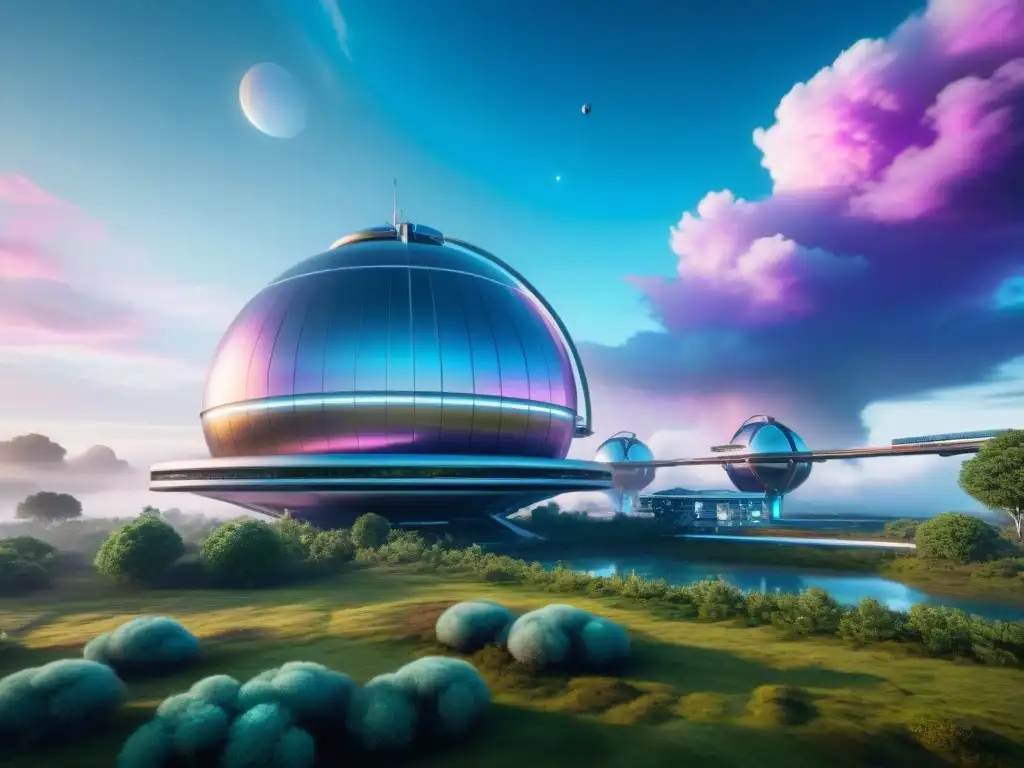 Increíble estación espacial futurista con ingeniería genética y ciencia ficción en vibrantes colores