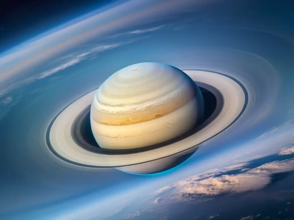 Increíble imagen 8k de Saturno desde la nave Cassini, destacando sus anillos y patrones nubosos, con la enigmática tormenta hexagonal en el polo norte