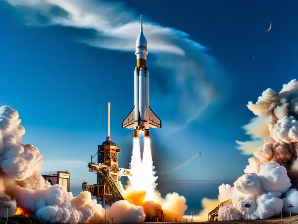 Increíble lanzamiento de cohete al espacio, con fuego y humo envolventes