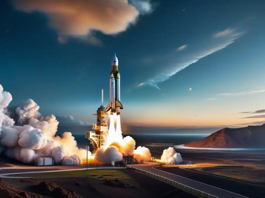 Increíble lanzamiento de cohete desde un puerto espacial, con humo blanco y llamas rugientes