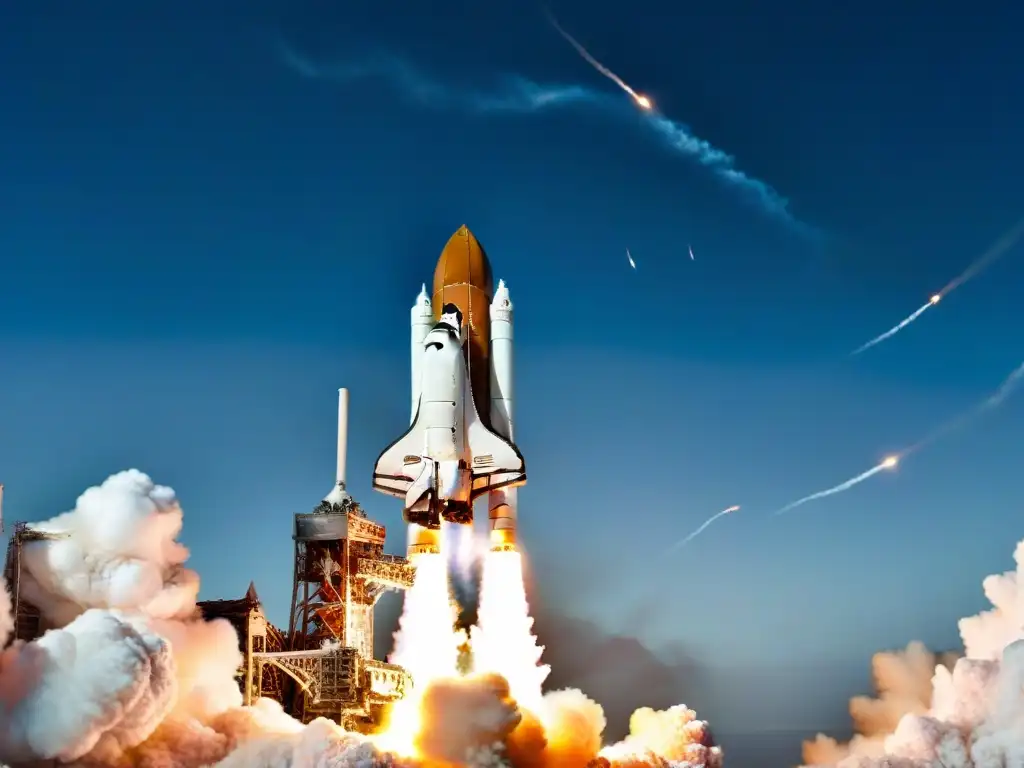 Increíble lanzamiento de un transbordador espacial hacia el cosmos, detallando llamas, la Tierra y la nave