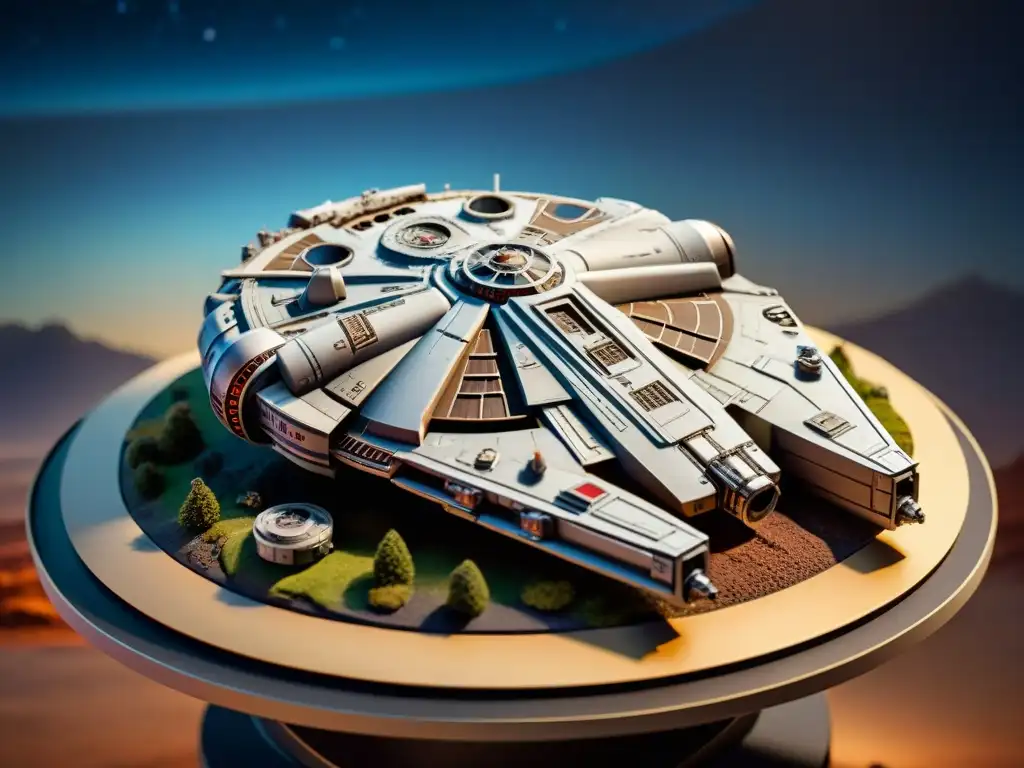 Increíble modelo a escala de la nave icónica Millennium Falcon de Star Wars, con detalles realistas y fondo galáctico