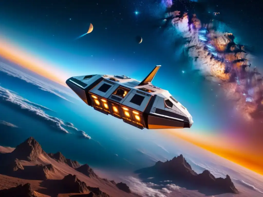 Espacio nanotecnológico: nave futurista surcando nebulosa Increíble nave espacial futurista con nanotecnología, surcando el espacio entre nebulosas