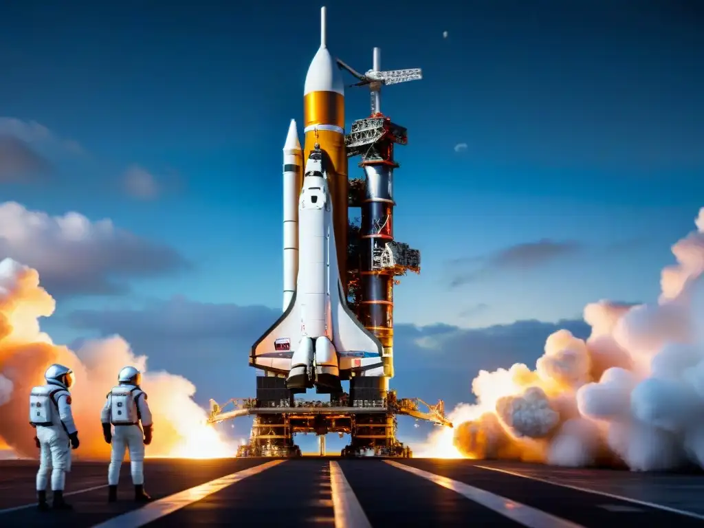 Increíble nave espacial rodeada de actividad en la plataforma de lanzamiento, con la Tierra de fondo