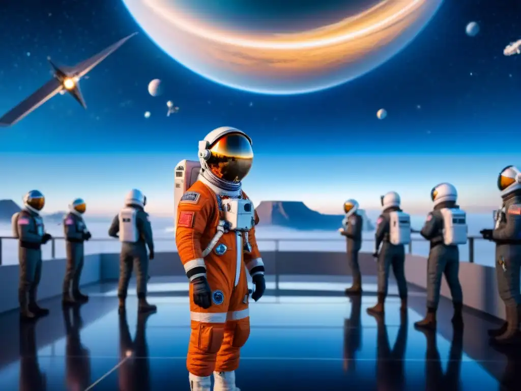 Increíble espacioport con naves espaciales para turismo espacial, astronautas, ingenieros y turistas abordando naves, bajo un cielo estrellado