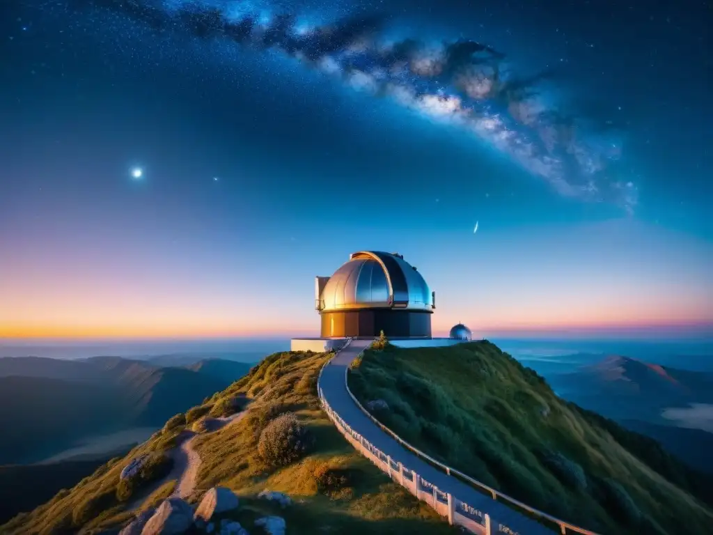 Increíble observatorio espacial de alta tecnología en la cima de una montaña, escaneando el cosmos con IA en cartografía estelar