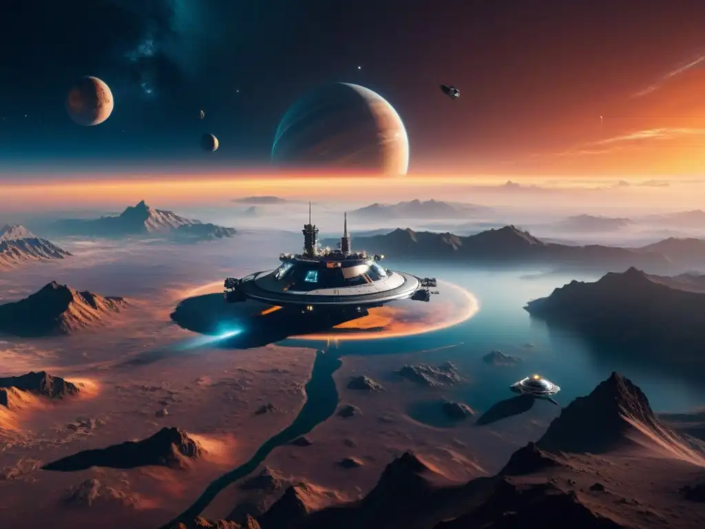 Increíble vista de estación espacial futurista en exoplaneta distante, reflejando evolución de juegos simulación espacial