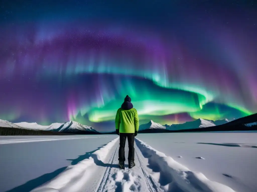 Increíbles auroras boreales crean mágicos patrones en el cielo estrellado sobre un paisaje nevado