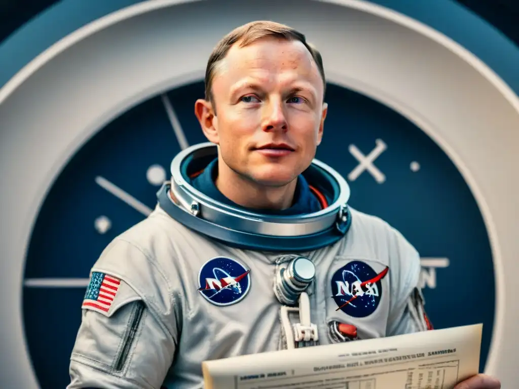 Neil Armstrong ingeniero primer hombre Luna examinando planos de la nave Apollo 11 en un entorno tecnológico y futurista