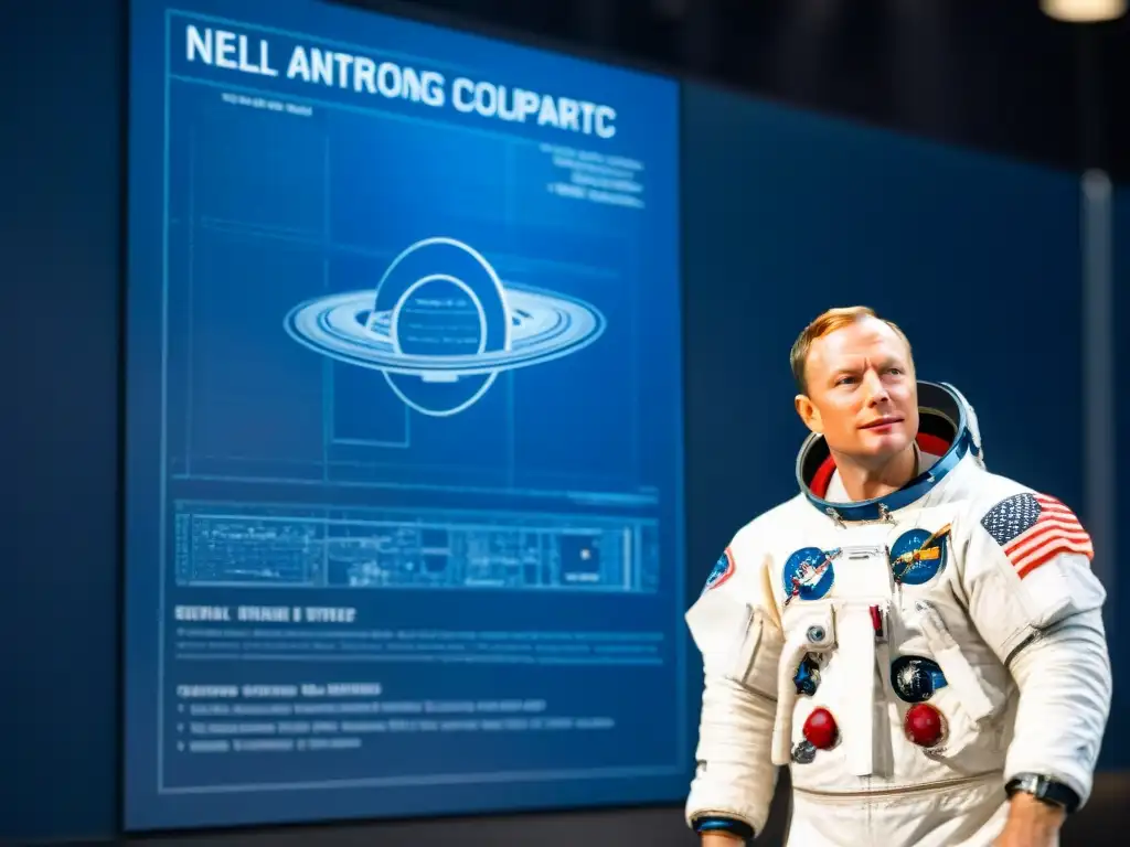 Neil Armstrong, ingeniero del primer hombre en la Luna, estudia detenidamente el plano de la nave Apollo 11 en una atmósfera inspiradora