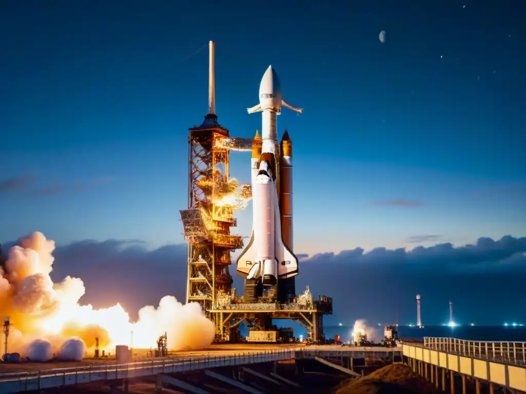 Ingenieros trabajando bajo el cielo nocturno, desde las estructuras de la era Apolo a los modernos SpaceX