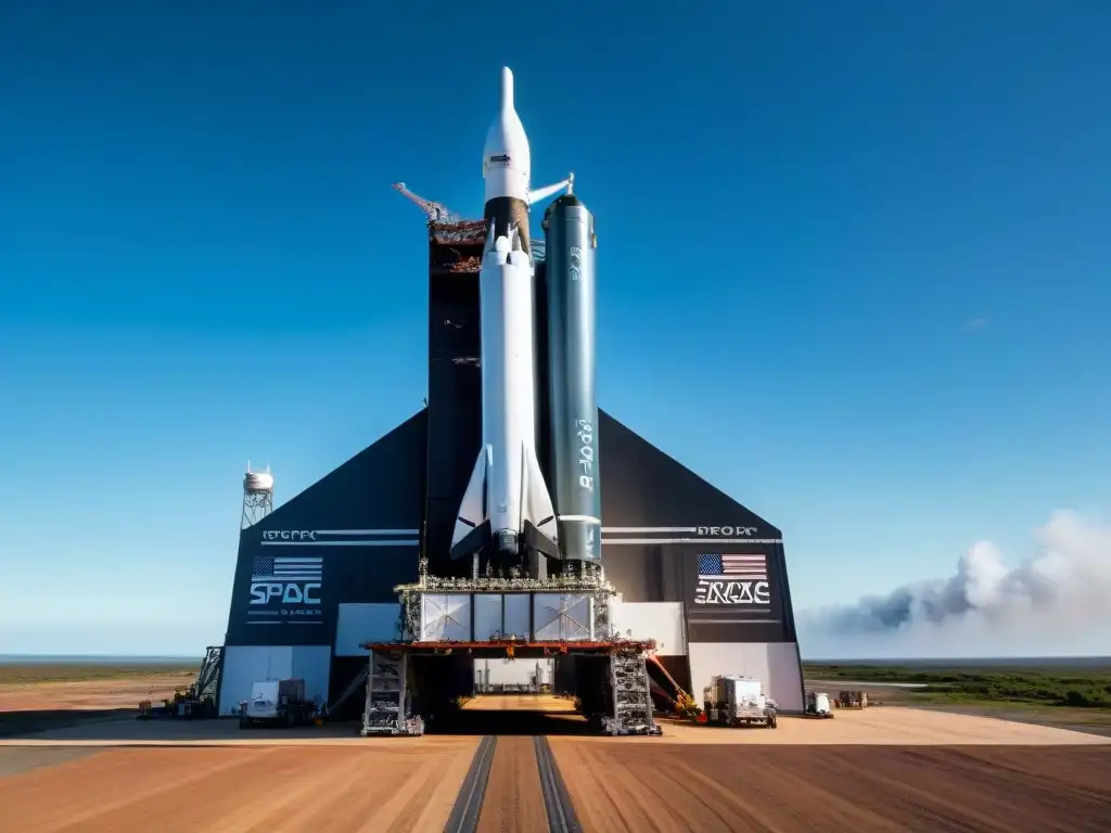 Ingenieros realizan controles de seguridad al Falcon 9 de SpaceX en la plataforma de lanzamiento bajo cielo azul