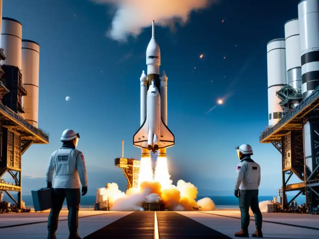 Ingenieros calibrando motor de cohete en centro espacial Ingenieros en instalación de lanzamiento espacial, calibrando motor del cohete