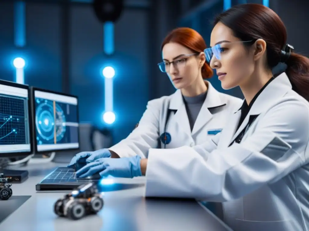 Ingenieros en laboratorio robótico de vanguardia preparando brazo robótico para misión espacial