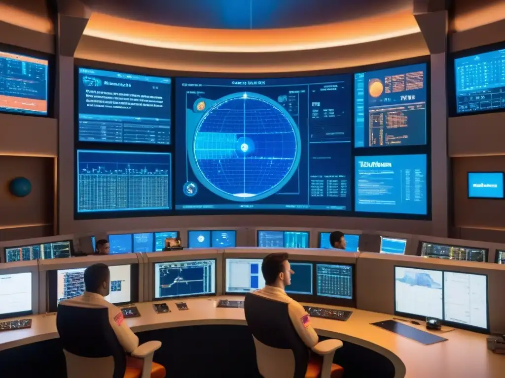 Ingenieros en la sala de control de la misión del Mars Climate Orbiter en la NASA, analizando datos y discutiendo intensamente