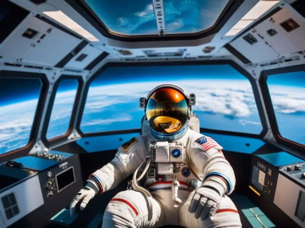 Preparación para la ingravidez espacial: Astronauta flotando en la Cupola de la Estación Espacial Internacional, observando la Tierra desde el espacio