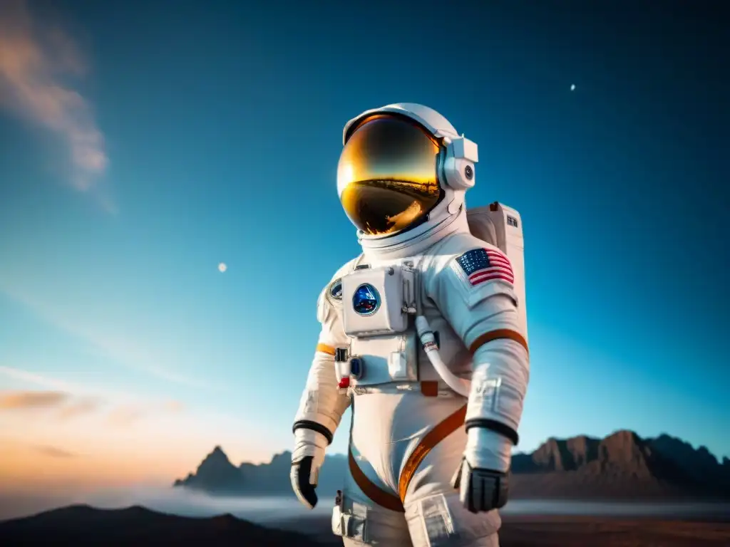 Explora la inmensidad del espacio con un astronauta flotando en traje futurista, con la Tierra de fondo