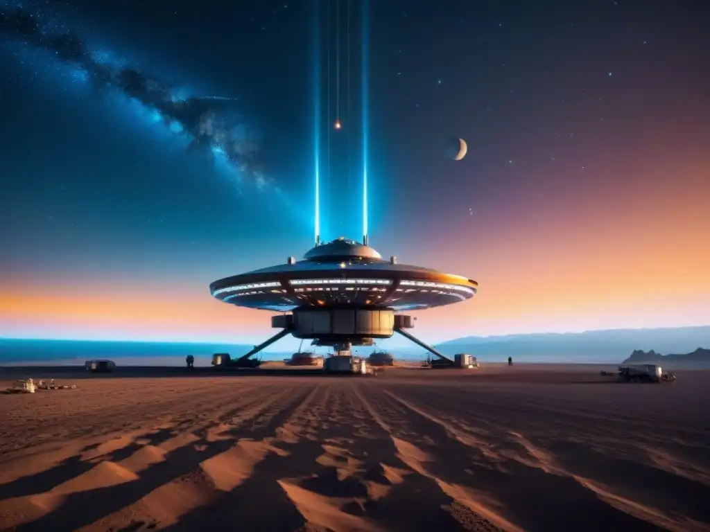 En la inmensidad del espacio, una estación espacial futurista orbita un planeta distante, con naves espaciales y luces brillantes