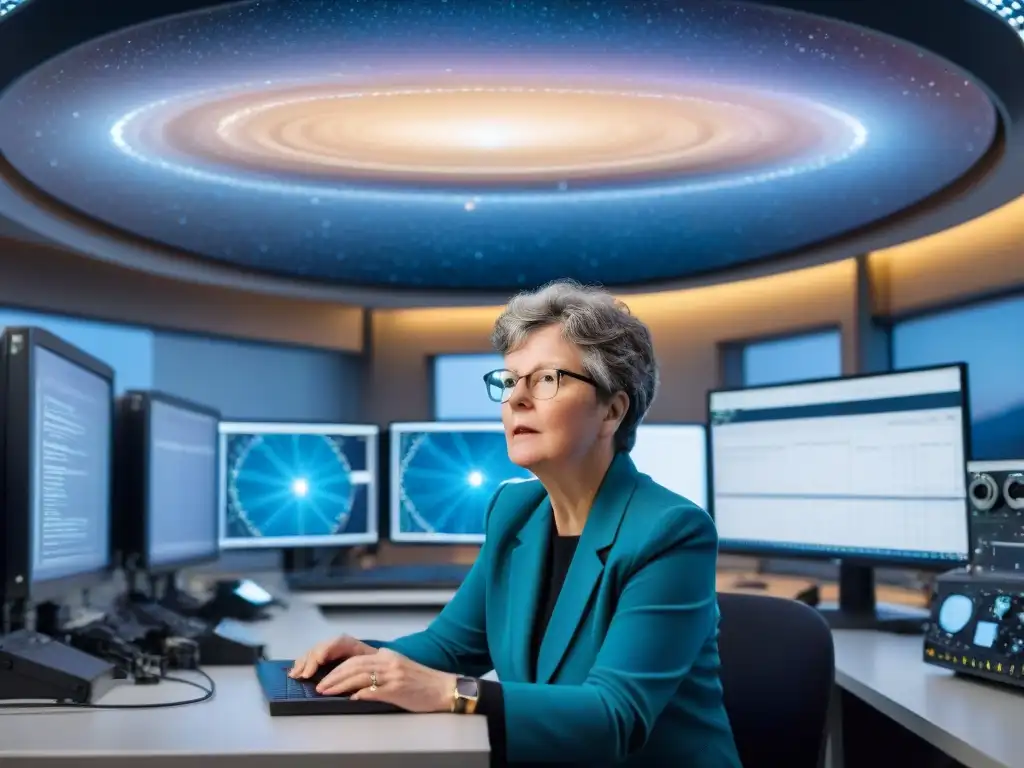 Jocelyn Bell Burnell inmersa en el descubrimiento de enigma pulsares en un laboratorio, rodeada de papeles y un telescopio