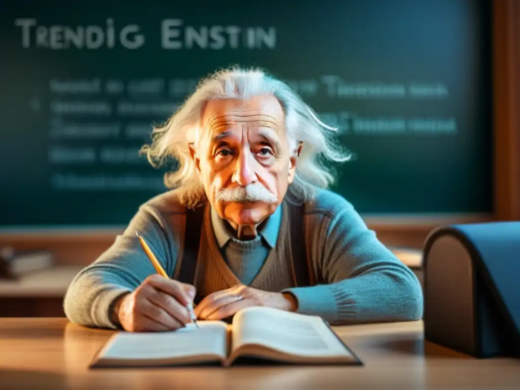 Albert Einstein inmerso en su estudio, rodeado de ecuaciones, con expresión concentrada