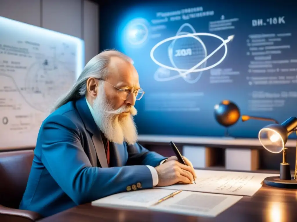 Konstantin Tsiolkovsky inmerso en su laboratorio, rodeado de bocetos y ecuaciones, modelando su legado en la conquista del espacio