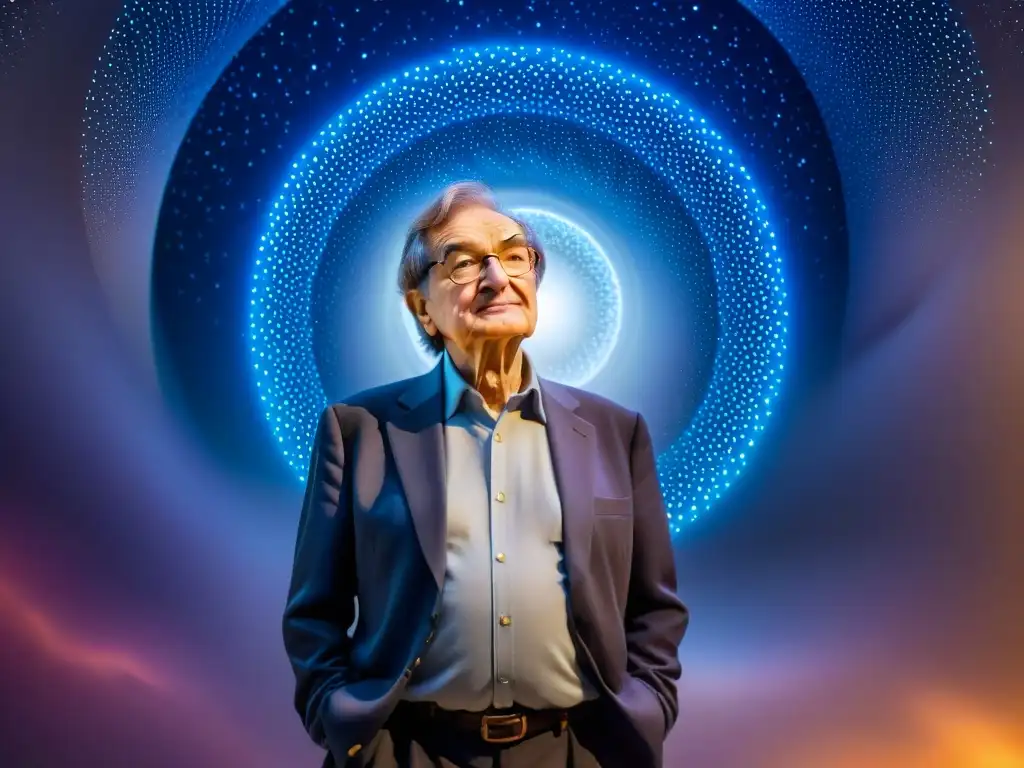 Sir Roger Penrose inmerso en pensamientos cósmicos, rodeado de formas geométricas