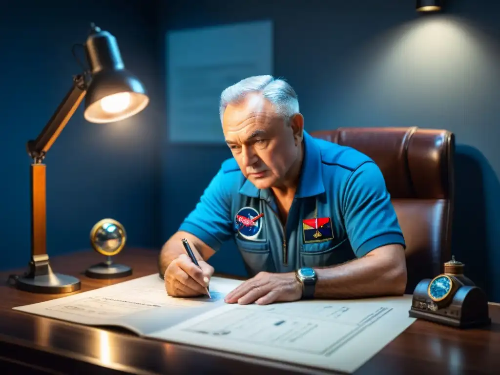 Sergei Korolev inmerso en planos y dibujos técnicos en una habitación tenue llena de memorabilia de exploración espacial, mostrando su pasión