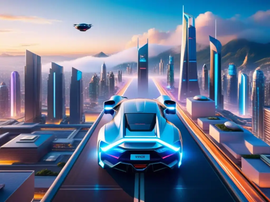 Innovaciones tecnológicas inspiradas en videojuegos: Una ciudad futurista con rascacielos brillantes, luces de neón y coches voladores