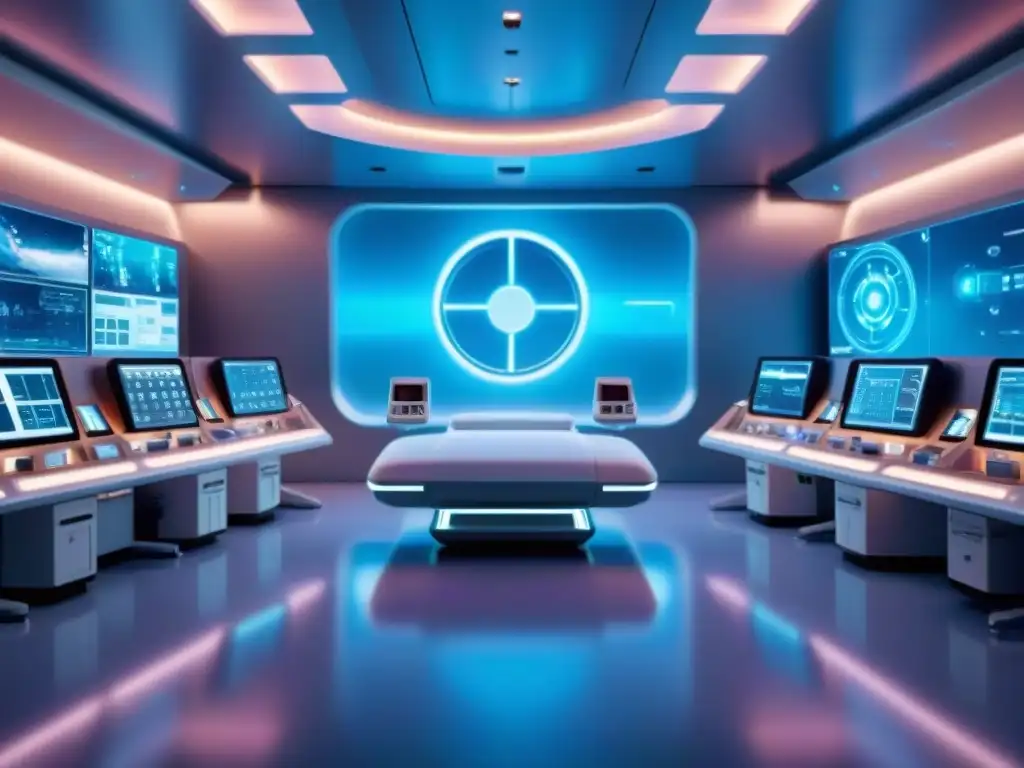 Innovaciones tecnológicas predichas ciencia ficción: Escena futurista en un hospital con robots y médicos trabajando juntos