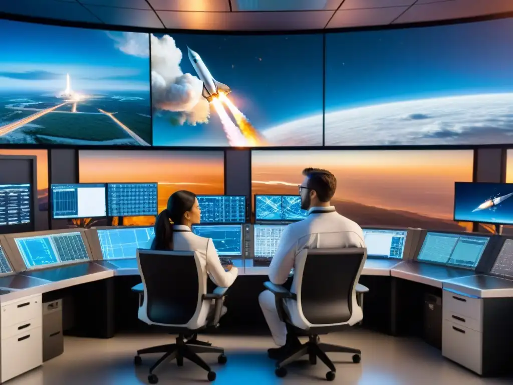 Innovadores detrás vehículos lanzadores exitosos: Ingenieros y científicos enfocados en centro de control espacial, monitorizando lanzamiento exitoso