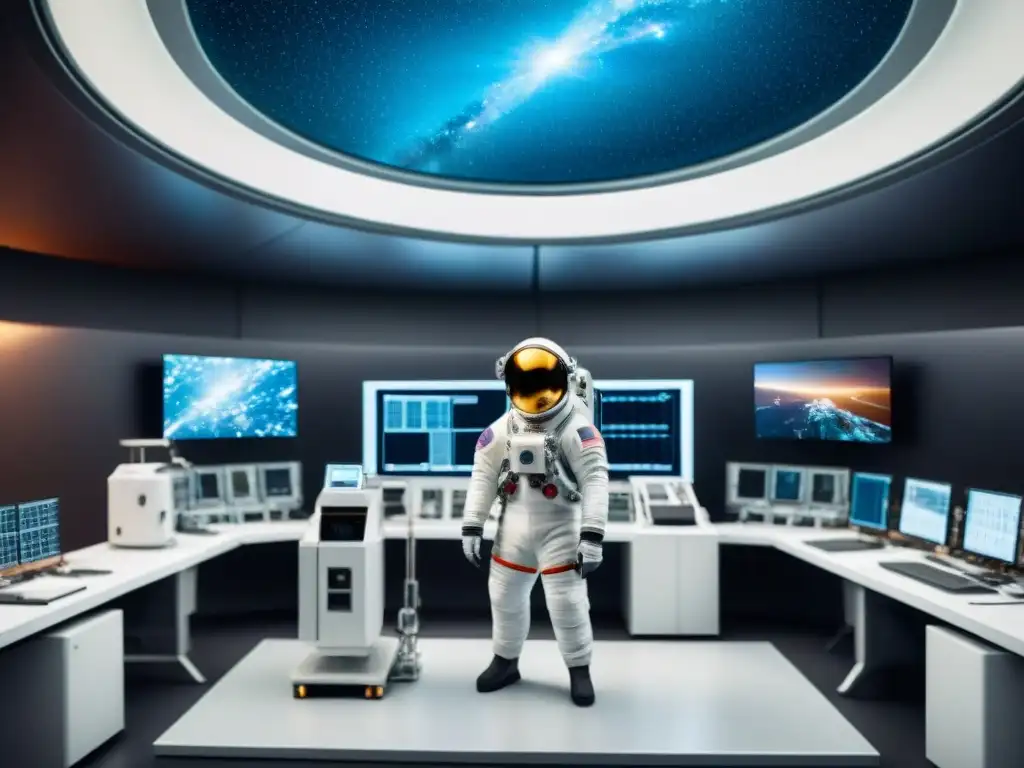 Exploración espacial con trajes nanotecnológicos en laboratorio futurista Inspiradora escena de astronautas en trajes de nanotecnología explorando en estación espacial