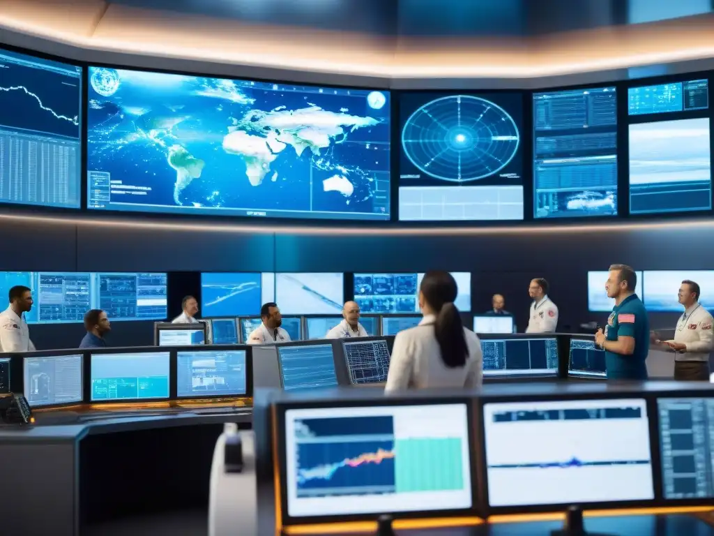 Inspiradora escena en una sala de control de agencia espacial, ingenieros y astronautas colaborando en la construcción de cohetes