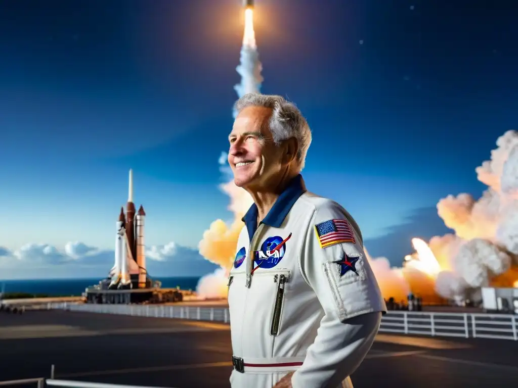 La inspiradora historia de Homer Hickam se materializa en su rostro radiante al presenciar el lanzamiento de un cohete en el centro espacial