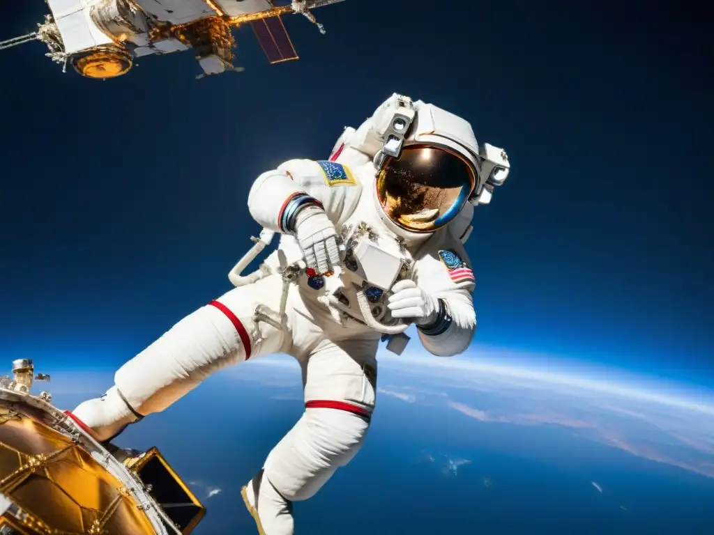 Equipo internacional de astronautas en reparación espacial Inspiradora colaboración internacional exploración espacial: equipo de astronautas reparando nave en espacio