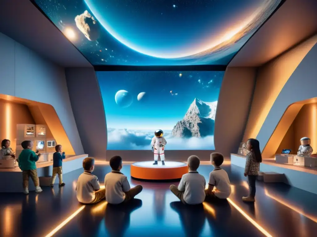 Exploración espacial: niños entusiasmados aprenden en sala tecnológica Instructor de astronautas rodeado de niños en trajes espaciales, explorando el espacio en un aula futurista