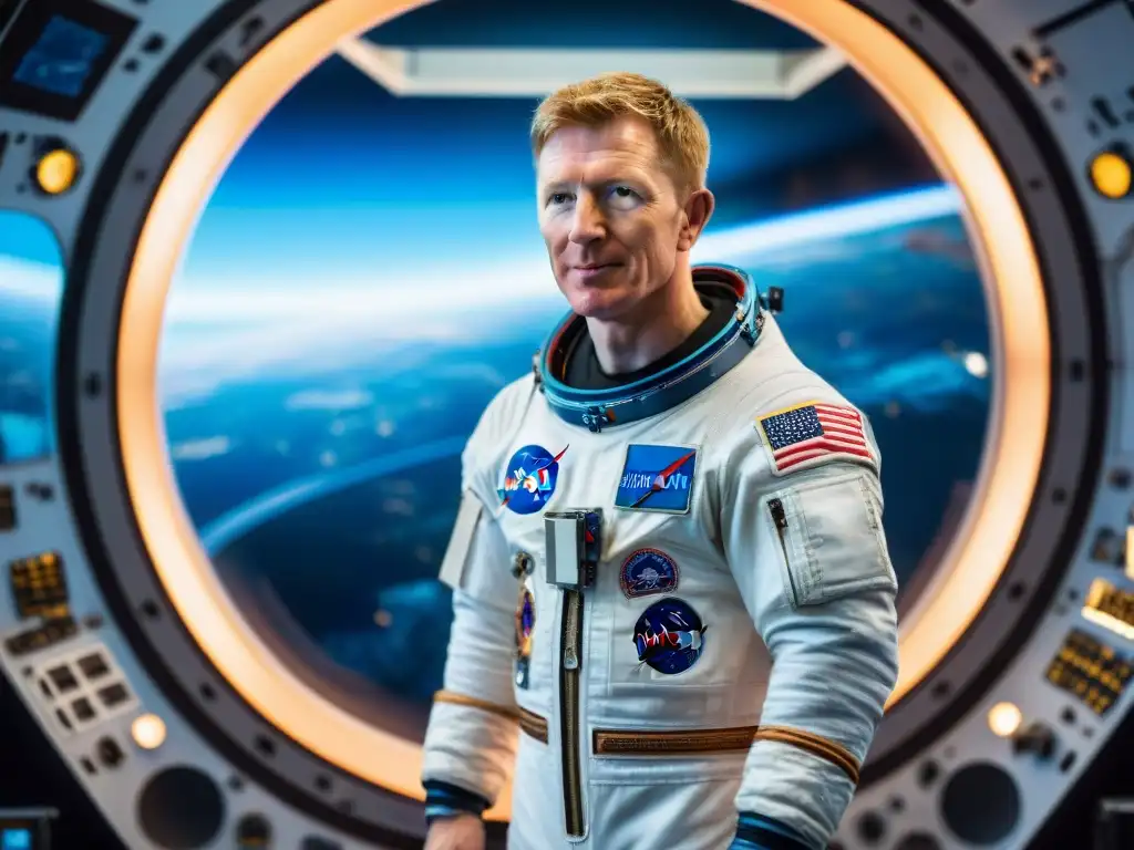 Preparación intensa de Tim Peake en traje espacial, rodeado de tecnología espacial avanzada