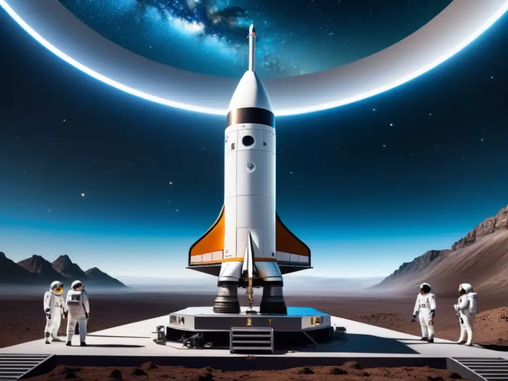 Intenso ambiente de preparativos para viaje espacial último minuto en puerto espacial futurista