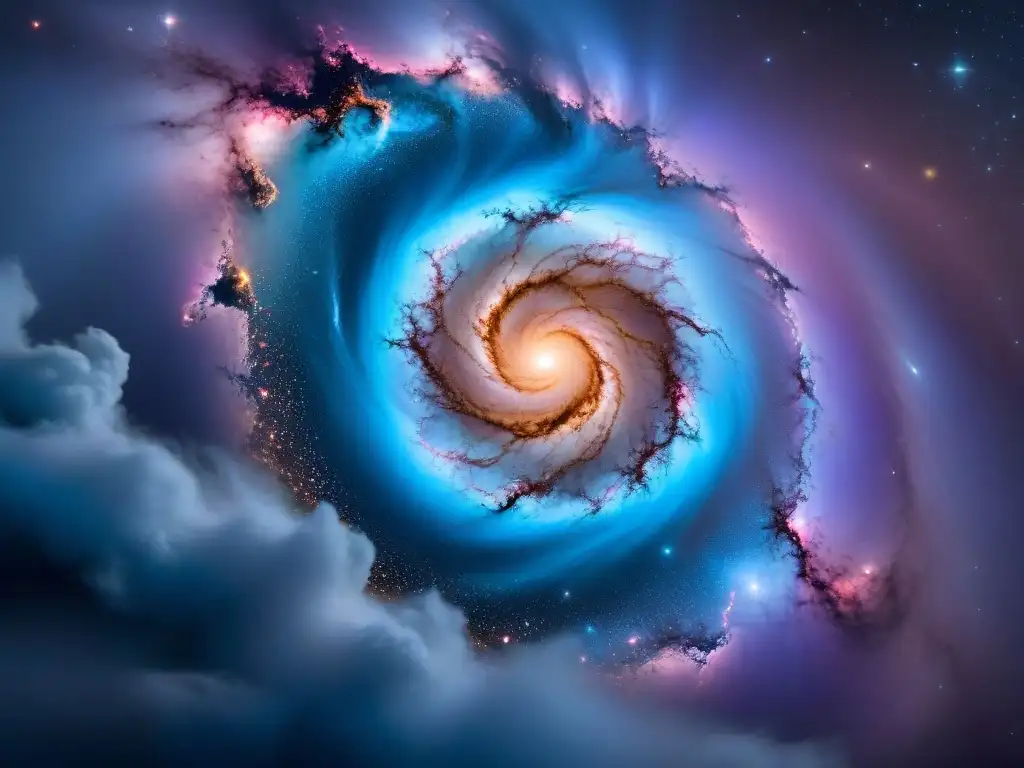 Simulación interactiva formación galaxias universo: una galaxia espiral en formación rodeada de nebulosas cósmicas en tonos azul, rosa y morado