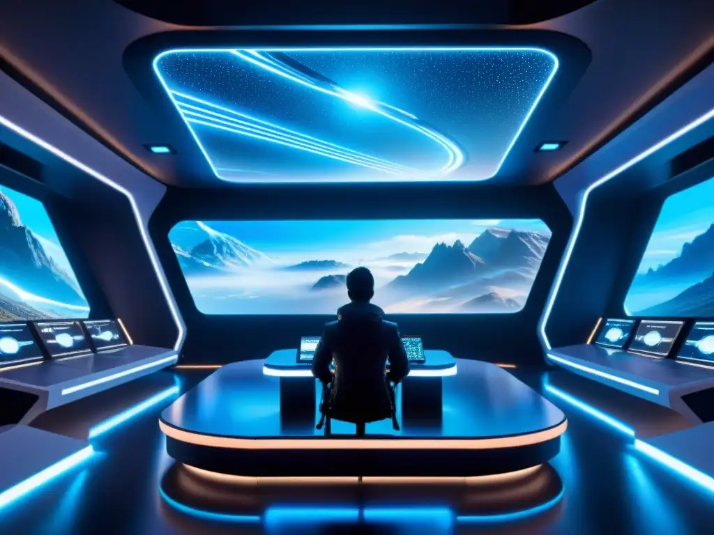 Interior de nave espacial futurista con tecnología avanzada y pantallas holográficas, iluminado en azul