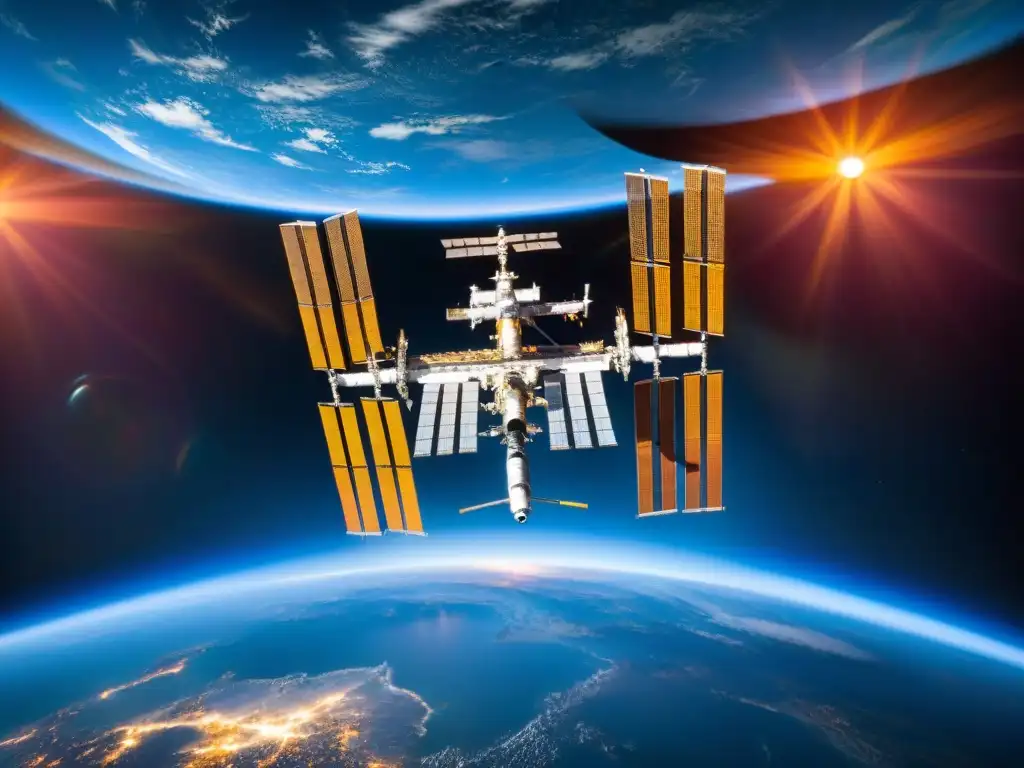 Estación Espacial Internacional: Detalles Asombrosos en la Órbita Terrestre Colaboración internacional exploración espacial: Detallada imagen de la ISS en órbita, con la Tierra iluminada abajo y astronautas en espacio