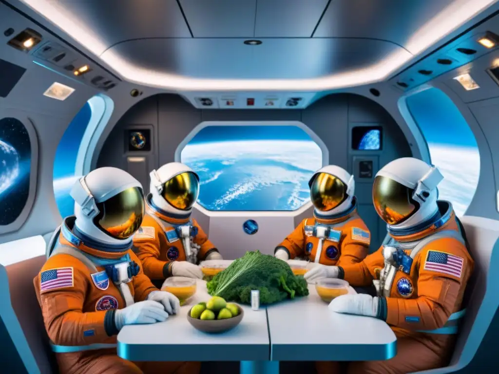 Un intrigante debate entre astronautas en trajes espaciales futuristas, rodeados de comida espacial en gravedad cero