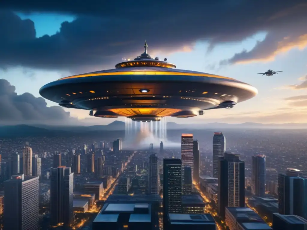 Invasión extraterrestre en ciudad futurista; nave alienígena gigante, caos y batallas en las calles