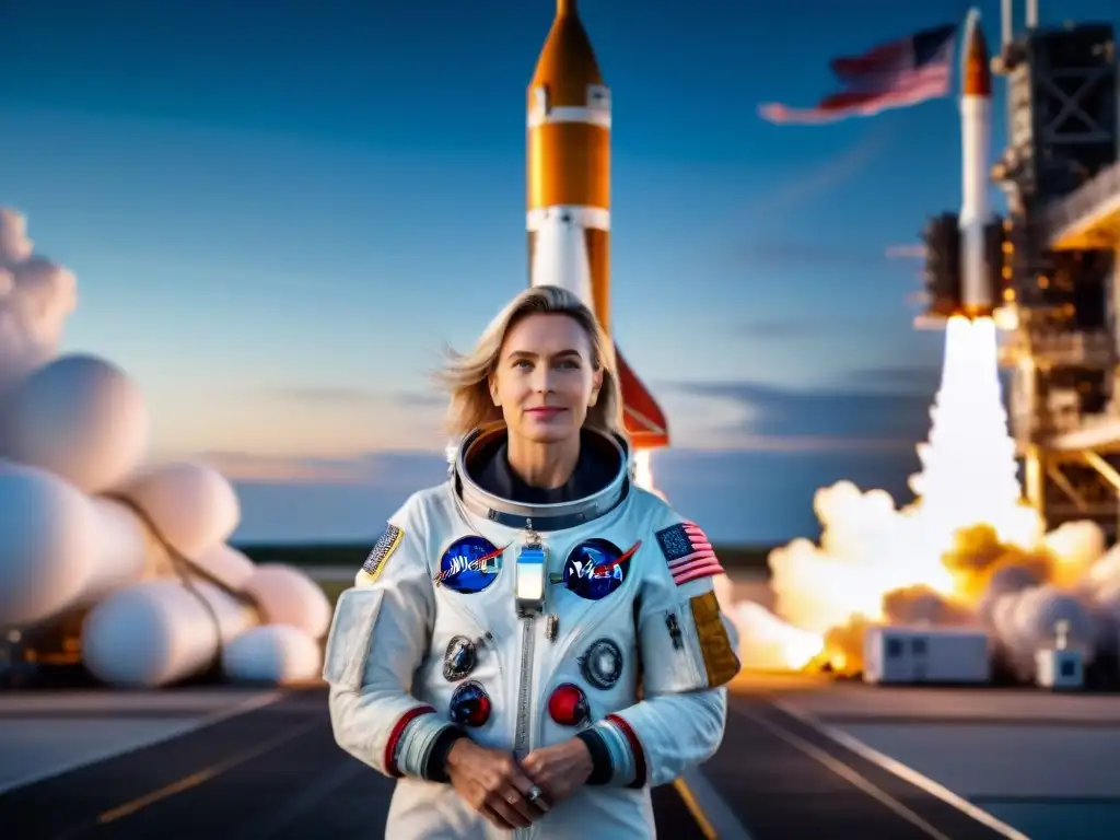 Jerrie Cobb primera mujer astronauta contempla el Mercury-Redstone en Cabo Cañaveral al atardecer