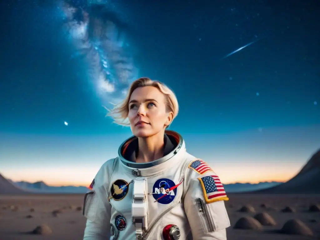 Jerrie Cobb, primera mujer astronauta, mirando las estrellas con determinación frente a una nave espacial vintage y la Tierra de fondo